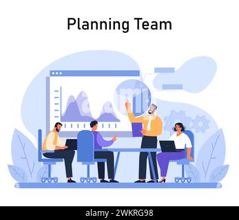 Das Team für die kollaborative Planung steckt tief in der Diskussion und analysiert visuell Daten, umgeben von digitalen Diagrammen, Zahnrädern und einer produktiven Atmosphäre. Verbesserung strategischer Erkenntnisse. Flacher Vektor Stock Vektor