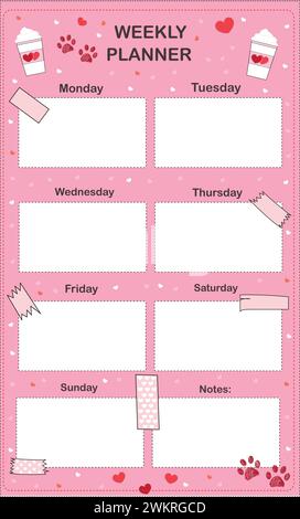 Wochenplaner mit Pfotendrucken, vertikales Design. Kaffeetassen und Pfotenmuster für Tierliebhaber Stock Vektor