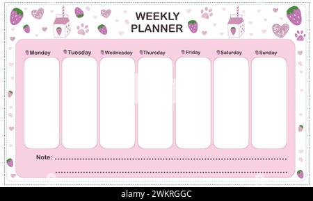 Wochenplaner mit süßer Kawaii-Erdbeermilch und süßen Pfotendrucken Stock Vektor