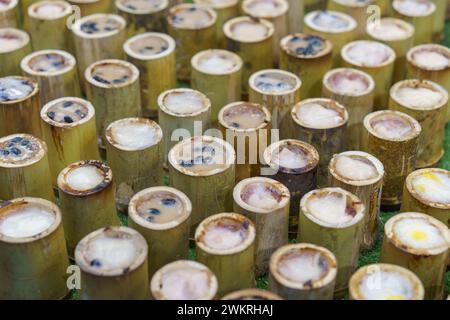 Köstlicher Khao Lam, thailändischer Kleberreis mit Kokosmilch und schwarzen Bohnen, gedämpft in Bambusröhren, ausgestellt auf einem lokalen Markt Stockfoto