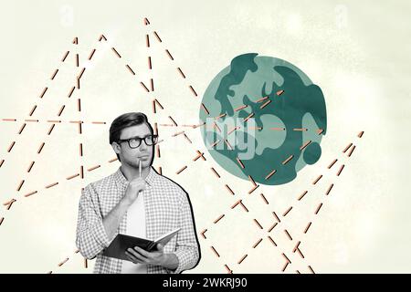 Foto Collage Artwork minimales Bild eines klugen Lehrers, der Geographiestunden mit isoliertem beigefarbenem Hintergrund zeigt Stockfoto