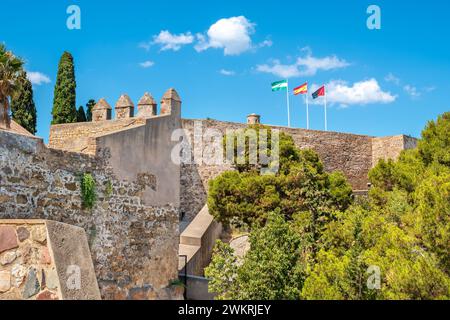 Verteidigungsmauern und Bastionen der Burg Gibralfaro (Castillo de Gibralfaro). Malaga, Andalusien, Spanien Stockfoto