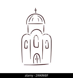 Kirchensymbol im Linienart-Stil. Handgezeichnete Vektorillustration isoliert auf weißem Hintergrund. Stock Vektor
