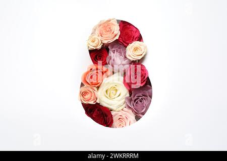 8. März Grußkarte mit Rosen, Draufsicht. Happy International Women's Day Stockfoto