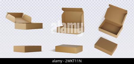 Mockups aus braunem Karton, isoliert auf grauem Hintergrund. Vektor-realistische Illustration von offenen und geschlossenen 3D-Kartonverpackungen für Schuhe, Postversand Stock Vektor