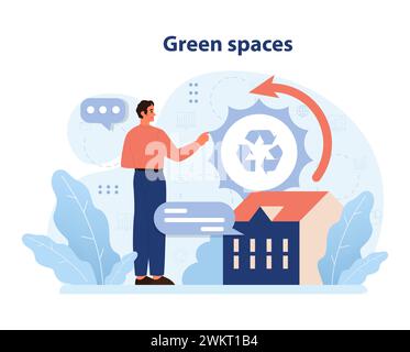 Stadtplaner, der umweltfreundliche Stadtentwicklung hervorhebt. Recycling-Logo, Kreislauf, Gebäude und Bäume, die Grünflächen präsentieren. Nachhaltiges urbanes Leben. Illustration des flachen Vektors Stock Vektor