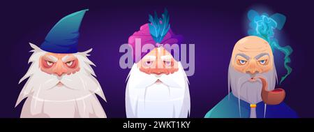 Alte Assistentenzeichen sind isoliert im Hintergrund festgelegt. Vektor-Karikaturillustration von älteren Männern mit langem grauen Bart, tragen Mantel, Turban Hut, Rauchen p Stock Vektor