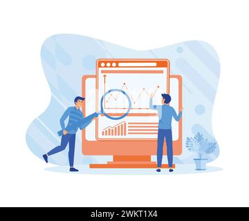 Geschäftsmann, der für die Datenanalyse und -Überwachung auf dem Dashboard-Monitor für Webberichte und dem Konzept für Finanzinvestitionen arbeitet. Flachvektor modern krank Stock Vektor