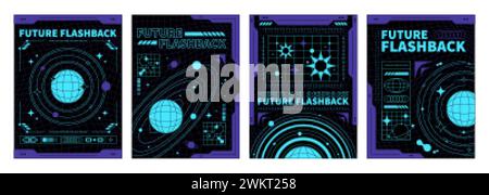 Design-Vorlage für Raumposter im trendigen y2k-Stil mit saurem Gittermuster und Planetenaufkleber in Neonblau auf schwarzem Hintergrund. Vektorsatz von 2000s Stock Vektor