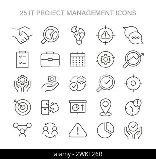 IT-Projektmanagement festgelegt. Umfassende Symbole für Teamarbeit, Strategie und Planung. Wesentliche Elemente für eine erfolgreiche Ausführung und Zielerreichung. Illustration des flachen Vektors. Stock Vektor