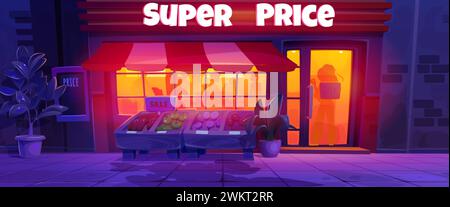 Lebensmittelgeschäft bei Nacht mit Lampe von großen Glasfenstern und Tür, Zelt und Pflanze im Topf, Gemüse und Obst in Holzkiste auf dem Bürgersteig. Wagen Stock Vektor