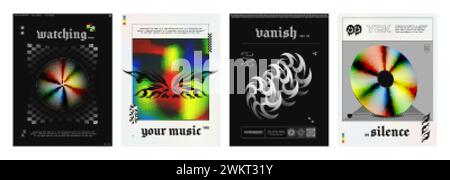 Y2K-Retro-Poster und Cover-Designvorlage mit leuchtend irisierenden und schwarzen abstrakten Tribal-Grafikelementen. Vektorillustrationssatz des Techno-Banners Stock Vektor