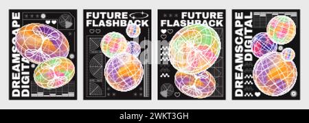Y2K-Design-Vorlage für Poster und Cover im Retro-Stil mit Drahtmodellkreis und Kugelformen mit Farbverläufen und Typografie. Vintage Retrofuturis Stock Vektor