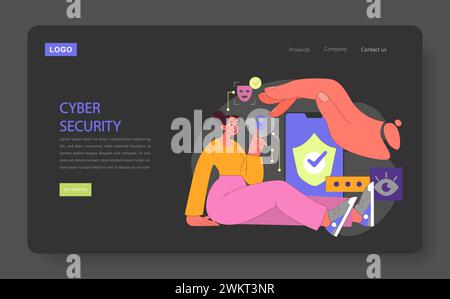 Cyber Security-Konzept. Frau interagiert vertrauensvoll mit Sicherheitsfunktionen und schützt digitale Daten. Große Handgesten sind sicher. Shield steht für Schutz. Illustration des flachen Vektors. Stock Vektor