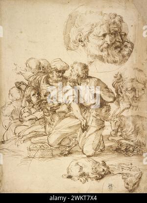 A Group of Shepherds und andere Studien; Agostino Carracci (Italienisch, 1557 - 1602); Italien; CA. 1598 - 1600; Stift und braune Tinte; 40,5 x 30,8 cm (15 15/16 x 12 1/8 Zoll); 86.GA.726 Stockfoto