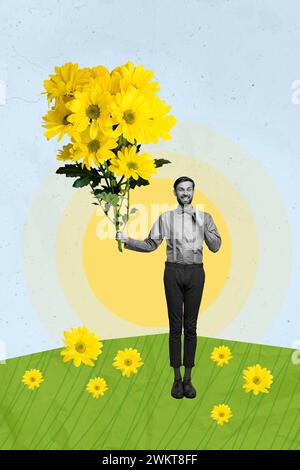 Kreative Kunstwerke Grafiken Collage Malerei von funky Boyfriends liefern Blumen Blumenstrauß isolierte Zeichnung Hintergrund Stockfoto