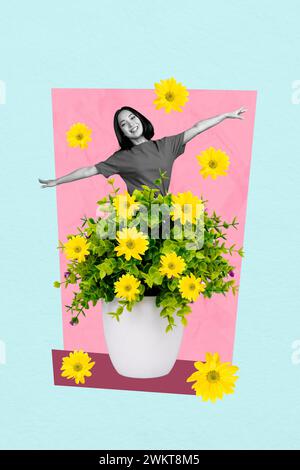 Foto-Collage-Kunstwerk minimales Bild von sorgloser Dame, die Blumentopf anbaut isolierter grafischer Hintergrund Stockfoto