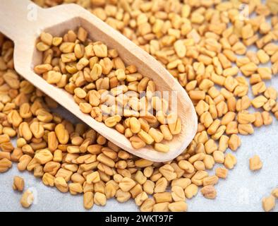 Bockshornkleesamen mit Holzlöffel auf melierter grauer Oberfläche Stockfoto