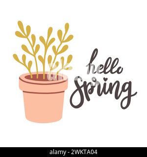 Hallo Frühlingszitate. Handgezeichnetes Design mit Blumenmuster im Frühling. Positive Sätze für Aufkleber, Postkarten oder Poster Stock Vektor