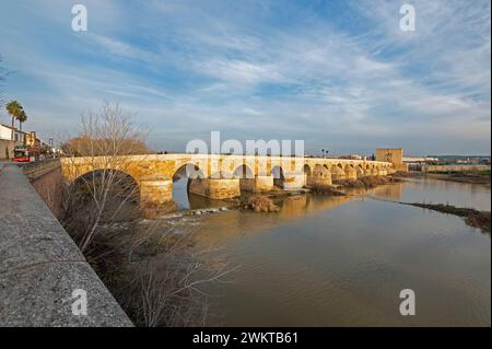 Die Römische Brücke von Cordoba ist eine lange restaurierte Fußgängerbrücke mit Bögen, die ursprünglich im frühen 1. Jahrhundert v. Chr. errichtet wurden, über den Guad Stockfoto