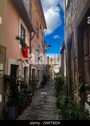 Eine enge Gasse, gesäumt von einem alten roten, grünen und gelben Gebäude in Portugal Stockfoto