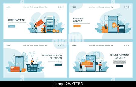 Web Layout Zahlungsarten festgelegt. Intuitive Designs für Kartentransaktionen, E-Wallet-Finanzierung, NFC-Technologie und sichere Online-Zahlungen. Illustration des flachen Vektors Stock Vektor