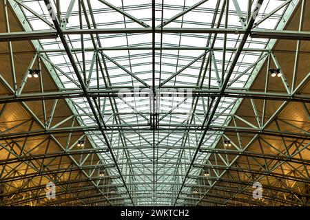 Flughafen Frankfurt - 12. Februar 2024: Stützkonstruktion des Dachs in der Halle von Terminal 2 Stockfoto
