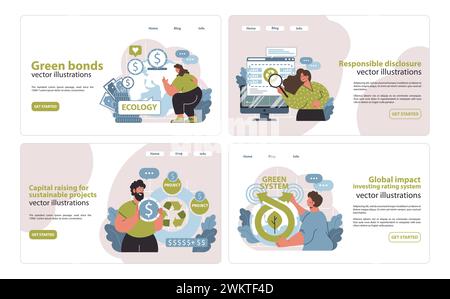 Web-Elemente für nachhaltige Investitionen. Öko-Finanzierung, transparente Unternehmenspraktiken und globale Folgenabschätzung. Investitionen mit Gewissen. Illustration des flachen Vektors. Stock Vektor