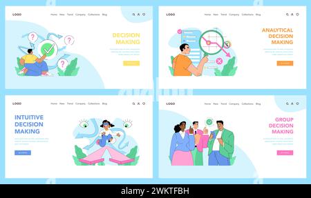 Entscheidungsfindungssatz. Intuitive, analytische und Gruppenstrategien bei der Problemlösung. Unterschiedliche Männer, Frauen und Kinder gehen unterschiedliche Denkansätze ein. Entscheidungen treffen. Illustration des flachen Vektors Stock Vektor