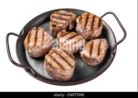 Gebratene Schweinemedaillons Steaks aus Filet-Fleisch. Isoliert auf weißem Hintergrund Stockfoto