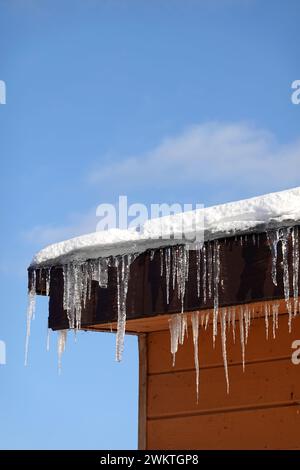Viele schmelzende Eiszapfen mit herabfallenden Tropfen hängen nahe an der Dachkante mit Schnee gegen den blauen Frühlingshimmel Stockfoto