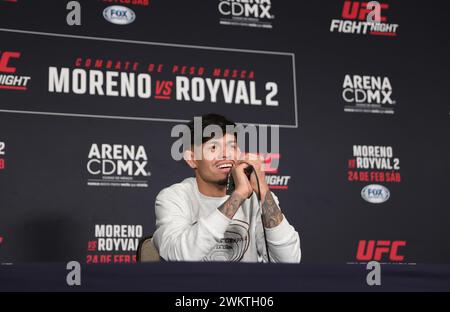 Mexiko-Stadt, Ciudad de Mexico, Mexiko. Februar 2024. 21. Februar 2024, Mexiko-Stadt: Brandon Royval spricht während der UFC Fight Night Pressekonferenz im Presidente Intercontinental Hotel. Am 21. Februar 2024 in Mexiko-Stadt, Mexiko. (Credit Image: © Luis Marin/eyepix via ZUMA Press Wire) NUR REDAKTIONELLE VERWENDUNG! Nicht für kommerzielle ZWECKE! Stockfoto