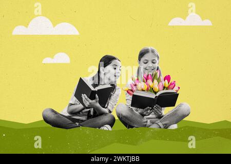 Collage-Kunstwerk des fröhlichen schönen Mädchens sitzend grüner Gras Rasen lesen Märchen warmes sonniges Wetter isoliert auf gemaltem Hintergrund Stockfoto