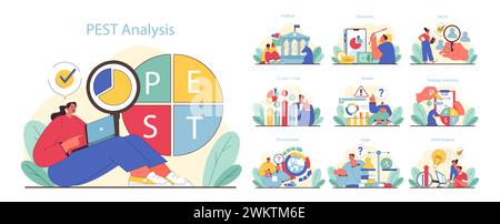 SCHÄDLINGSANALYSESET. Umfassende Geschäftsstrategie und Marktstudie. Politische, wirtschaftliche, soziale und technologische Faktoren. Strategische Planung, Chancen und Bedrohungen. Illustration des flachen Vektors. Stock Vektor