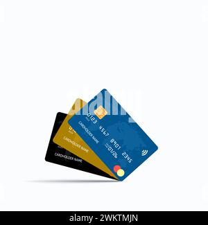 Vektor realistische Vorlage für Bankkreditkarten isoliert auf weißem Hintergrund. Illustration zum Design von Business Finance. Schwarzes, blaues und goldenes Bankkreditauto Stock Vektor