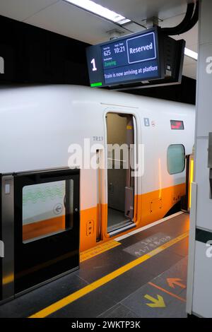 Einstiegsplattform am Hauptbahnhof von Taipei in Taipei, Taiwan; Hochgeschwindigkeitszug THSR 700T in Richtung Zuoying in Kaohsiung City, Südtaiwans. Stockfoto