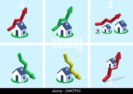 Vektorisometrische Häuser mit Pfeilen nach oben und unten. Steigende und niedrigere Immobilienpreise, Konzept für Immobilienwachstum oder Immobilienwachstum. Hauswert, Hauswert an Stock Vektor