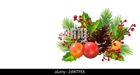 Weihnachten und Neujahr. Weihnachtskomposition mit Tannenzweigen, Beeren, Mistel, Bögen, Orangen, Zimt und Zuckerrohr, Zweige eines weihnachtsweihnachts Stockfoto
