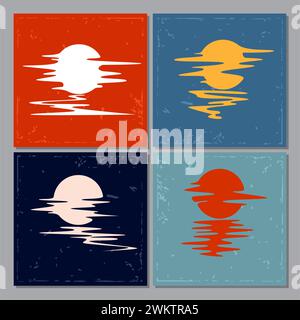 Vektor-Sonnenuntergang oder Sonnenaufgang auf bunten Hintergrund. Sonne und Meer reflektieren Logo für Natur- und Reise-Hintergrundbilder. Satz flacher Symbole von su Stock Vektor