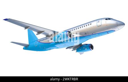 Kommerzielles Jet-Flugzeug, das isoliert auf weißem Hintergrund fliegt. 3D-Rendering Stockfoto