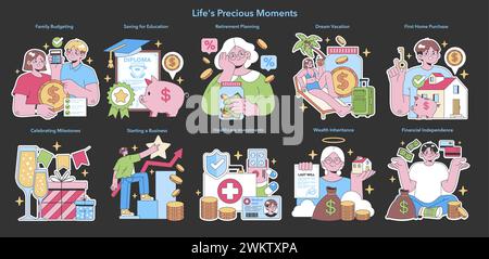 Die kostbaren Momente des Lebens. Finanzplanung für Bildung, Ruhestand, Urlaub und Meilensteine. Investitionen in Gesundheit, Wirtschaft und Unabhängigkeit. Illustration des flachen Vektors Stock Vektor