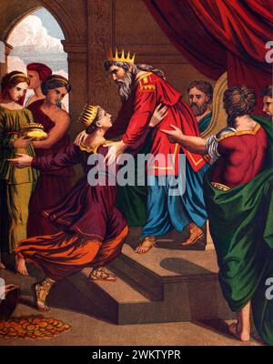 Illustration des Besuchs der Königin von Saba bei König Salomo und sie kam nach Jerusalem Gewürze, Gold und Edelsteine aus dem antiken 19. Jahrhundert I. Stockfoto