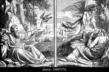 Illustrationen von Elijah am Bach, der von den Raben Fed ist, und Elijah in der Wildnis, besucht von einem Engel des Herrn, der Nahrung und Wasser in t opfert Stockfoto