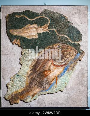 Polychromes Mosaik mit Meeresboden - 1. Quartal 1. Jh. v. Chr. - extrem winzige Kalkstein-, Marmor- und Glaspaste - dieses hochraffinierte Mosaik, von dem große Fragmente erhalten sind, bildete den Pflaster einer kleinen thermischen Umgebung mit "Gipskaminen"; wahrscheinlich auf einen luxuriösen Domus aus der späten republikanischen Ära auf dem Viminal-Hügel – Museo Centrale Montemartini, Rom, Italien Stockfoto