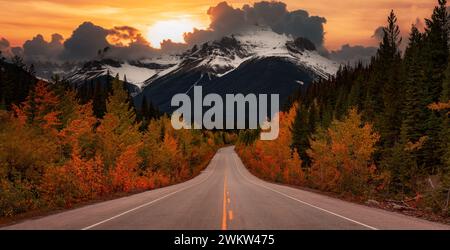 Malerische Straße in der kanadischen Rocky Mountain Landschaft. Icefields Pkwy, Banff, Alberta, Kanada. Stockfoto