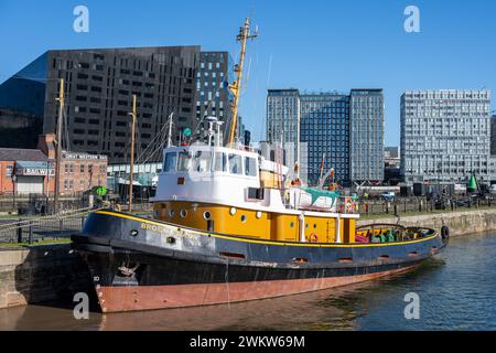 Liverpool, UK 12. Februar 2024: Brockebank Tug Boat liegt im Canning Dock, Liverpool. Stockfoto