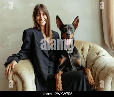 Eine Frau sitzt ruhig in einem Stuhl neben ihrem treuen Hund. Stockfoto