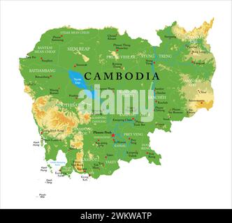 Sehr detaillierte physische Karte Kambodschas im Vektorformat mit allen Reliefformen, Regionen und Großstädten. Stock Vektor
