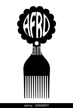 afro-Kamm-Symbol, afrikanisches Haarbürstenzeichen für lockiges Haar, einfaches flaches Design der schwarzen Silhouette mit Afro-Text-Schrift, Vektor-Illustration isoliert Stock Vektor