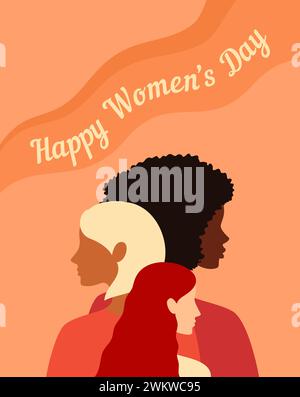 Drei Frauen verschiedener Nationalitäten, Hauttöne und Haarfarben stehen zusammen. Grußkarte zum internationalen Frauentag. Illustration des flachen Vektors Stock Vektor